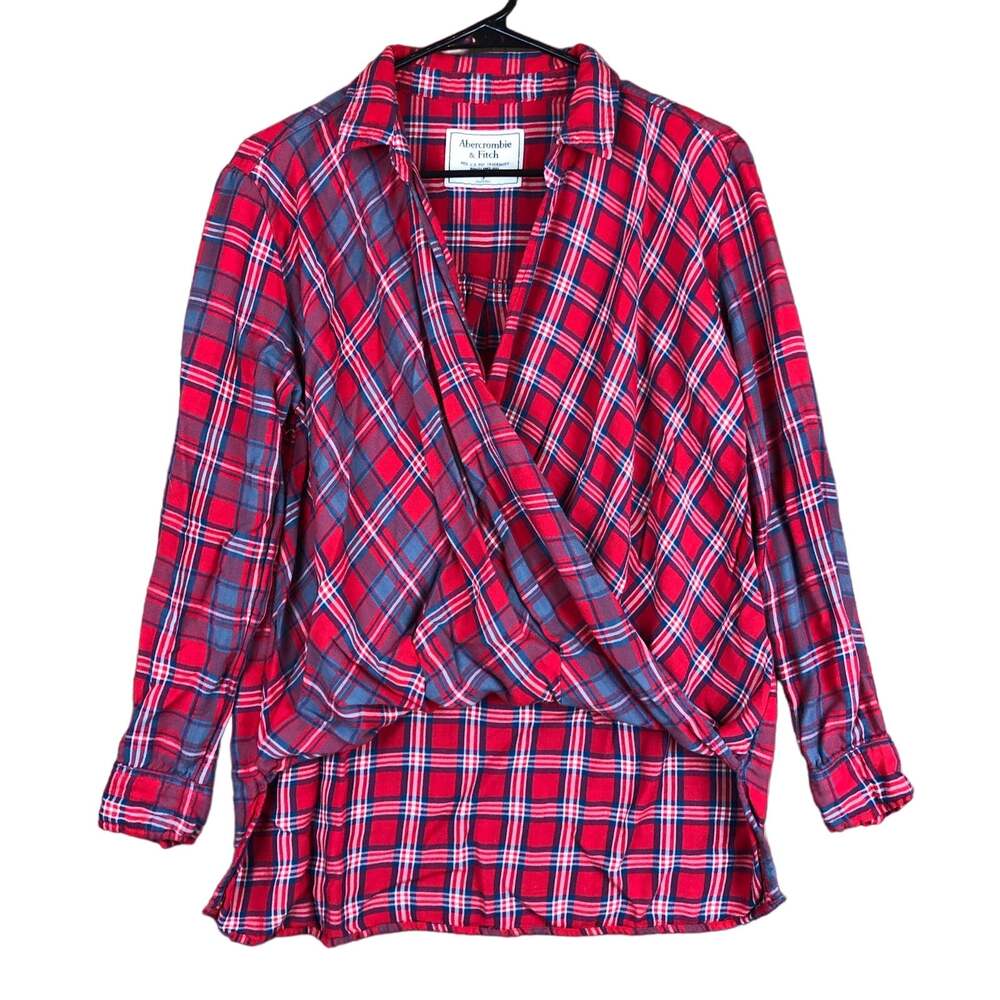 Abercrombie & Fitch Womens Shirt Red Blue Plaid Wrap Draped Front Flannel Small